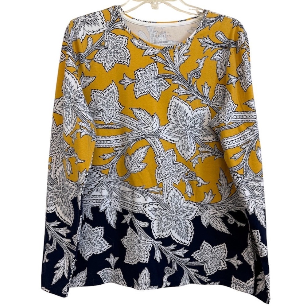 Talbots Womens Large Yellow Navy Paisley Floral Border Print Long Sleeve Tee NWT